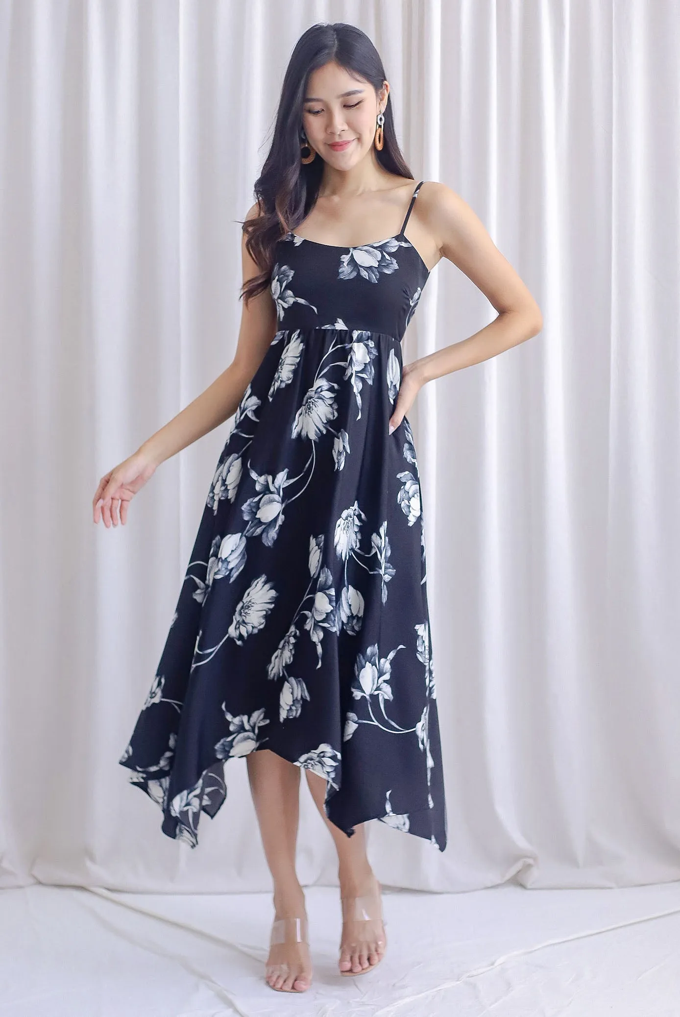 Edeline Padded Spag Tie Back Asym Dress In Black