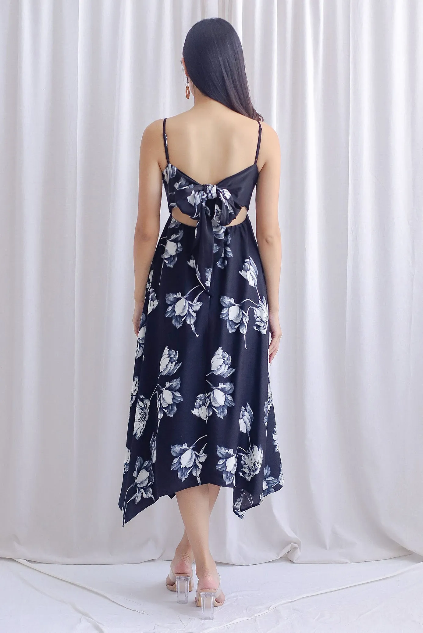 Edeline Padded Spag Tie Back Asym Dress In Black