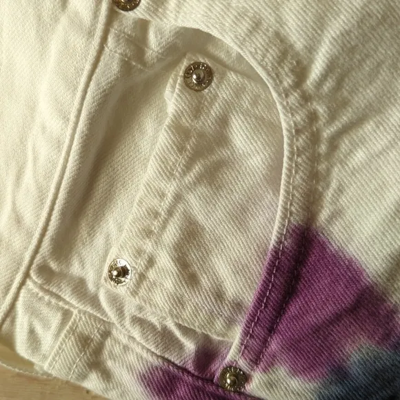 Edwin Cai, Tie Dye Denim Shorts In Sunset, High Rise, Raw Hem, Size 24