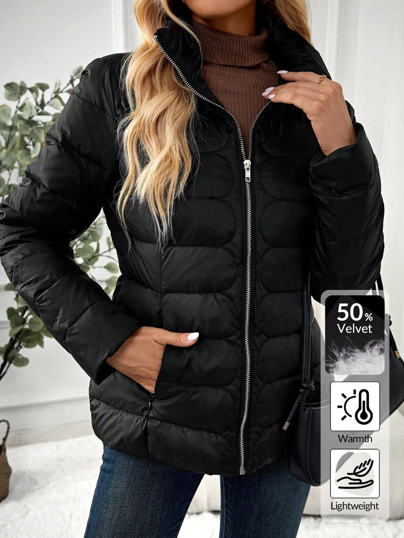 EMERY ROSE Women Solid Color Long Sleeve Zip Up Casual Down Jacket, Winter