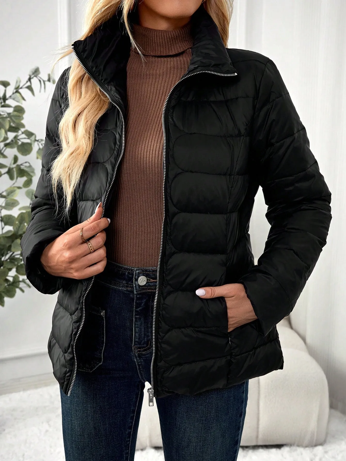 EMERY ROSE Women Solid Color Long Sleeve Zip Up Casual Down Jacket, Winter
