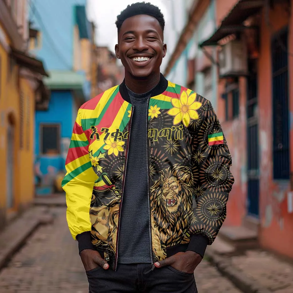 Enkutatash Ethiopia New Year Bomber Jacket Lion of Judah Adey Abeba Flower LT01