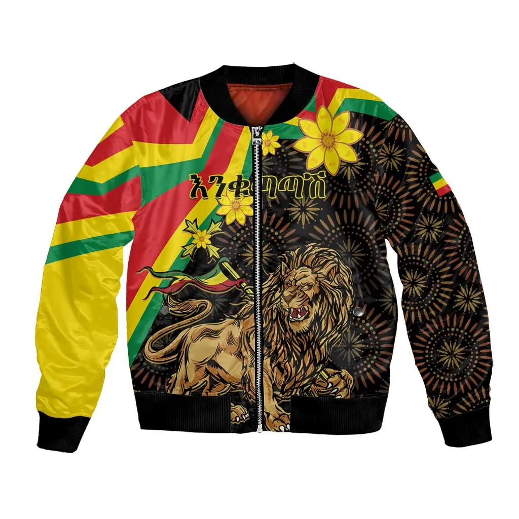 Enkutatash Ethiopia New Year Bomber Jacket Lion of Judah Adey Abeba Flower LT01