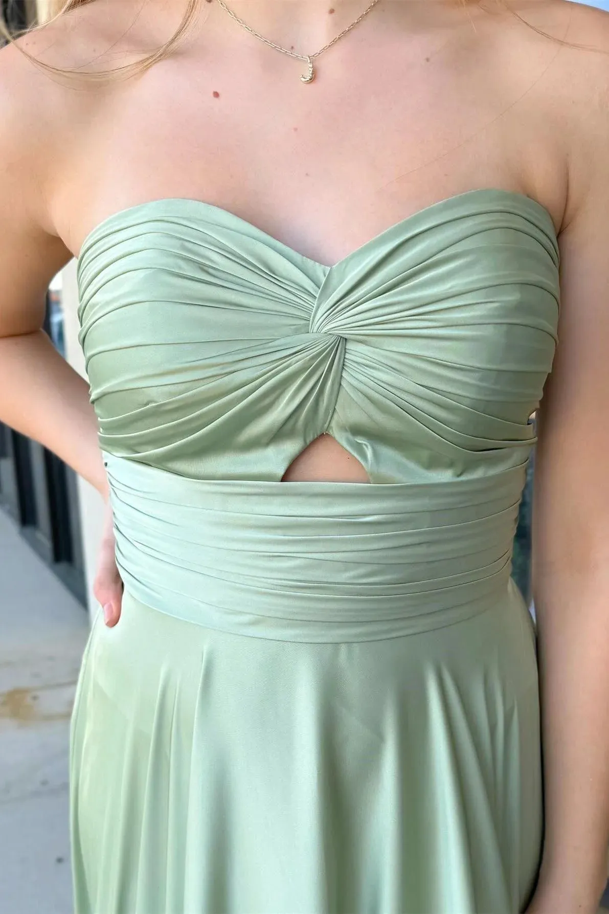 Enzley | Sage Strapless Twisted Knot Maxi Bridesmaid Dress