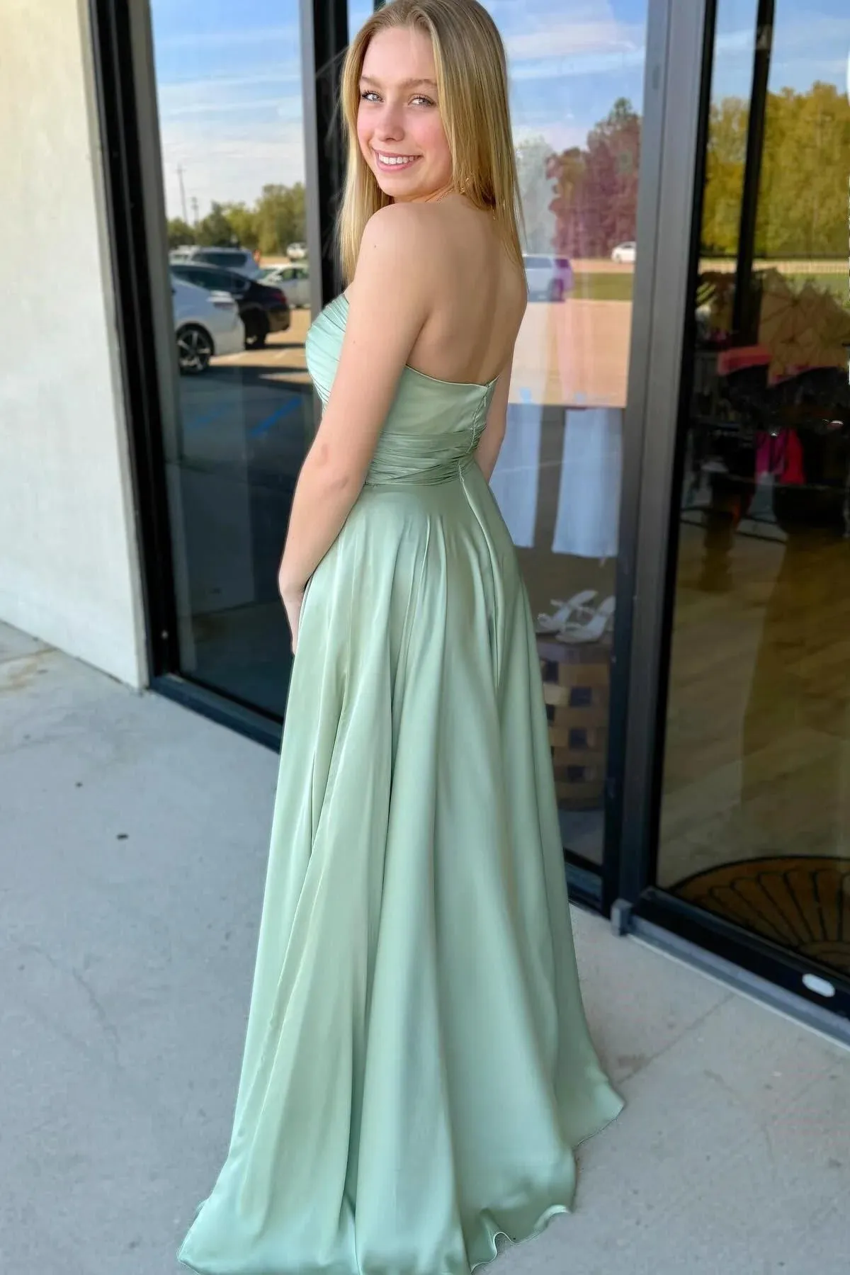 Enzley | Sage Strapless Twisted Knot Maxi Bridesmaid Dress