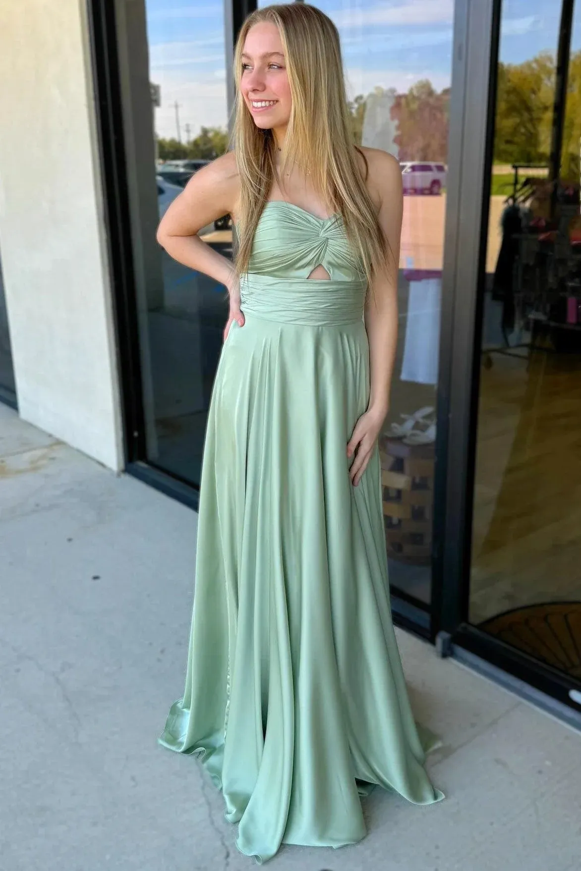 Enzley | Sage Strapless Twisted Knot Maxi Bridesmaid Dress