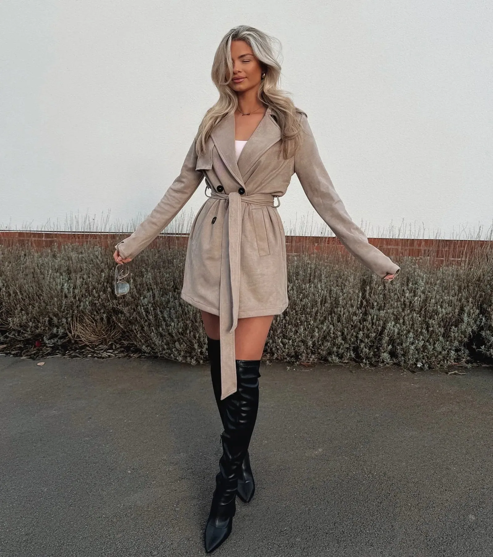 Eye For Style Belted Faux Suede Trench Coat