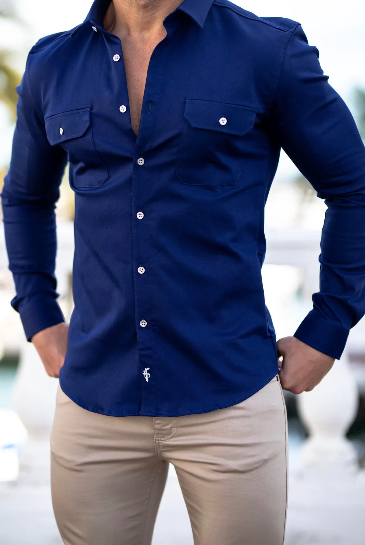 Father Sons Super Slim Stretch Navy Denim Shacket with Silver Buttons - FS759