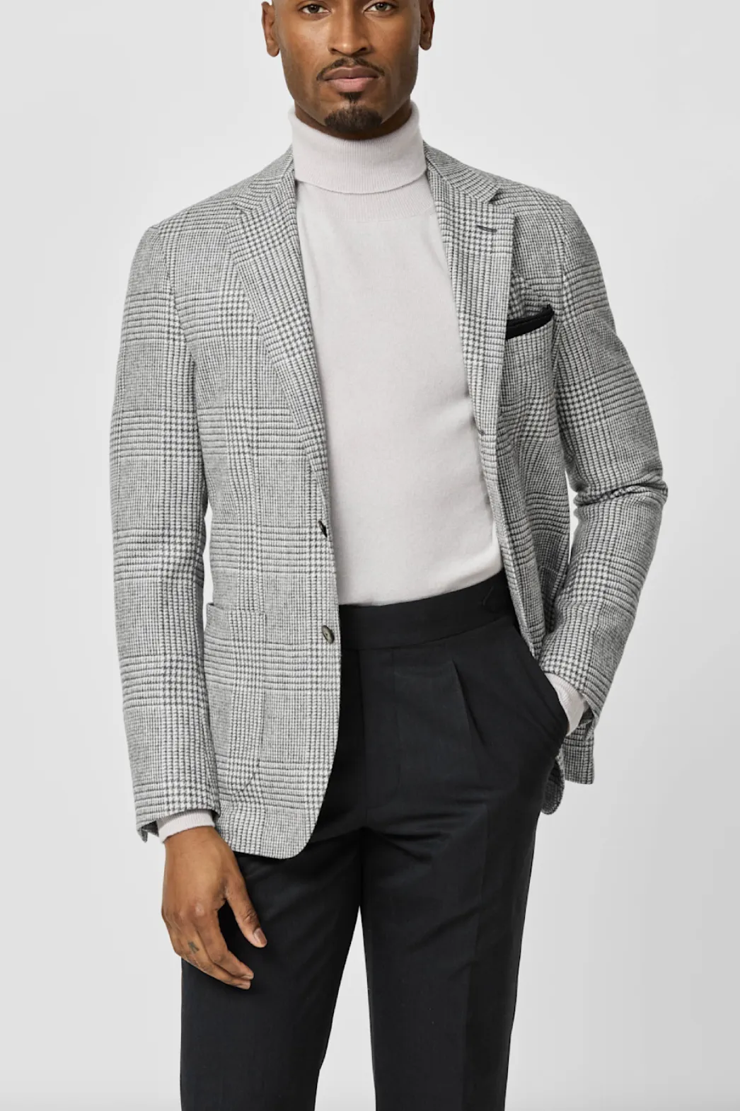 Ferla Light Grey Merino Wool & Alpaca Blend with Prince Of Wales Check