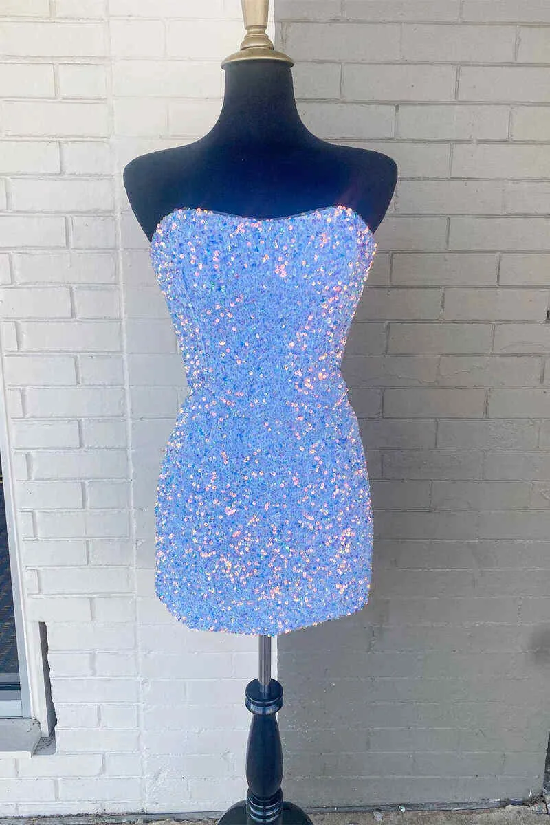 Fitted Strapless Black Sequined Mini Homecoming Dress