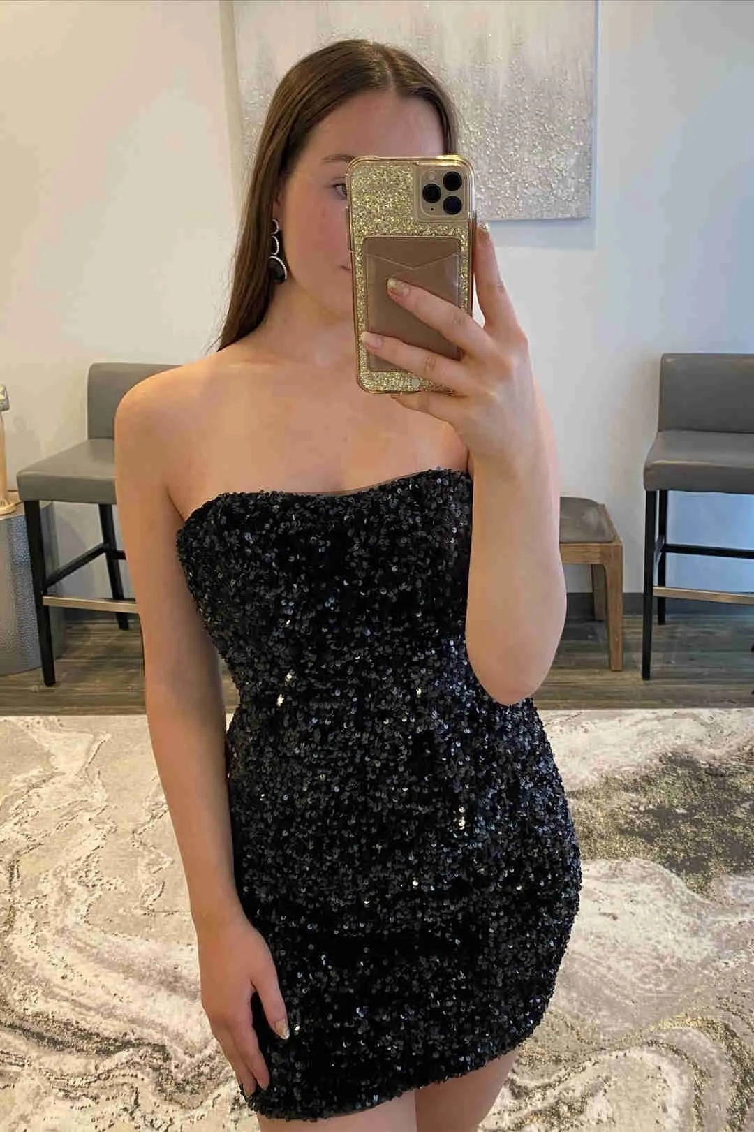 Fitted Strapless Black Sequined Mini Homecoming Dress