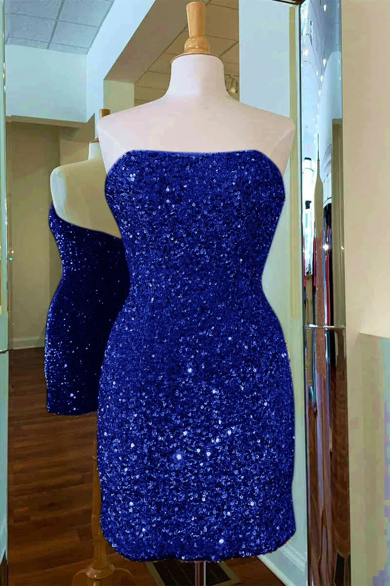 Fitted Strapless Black Sequined Mini Homecoming Dress