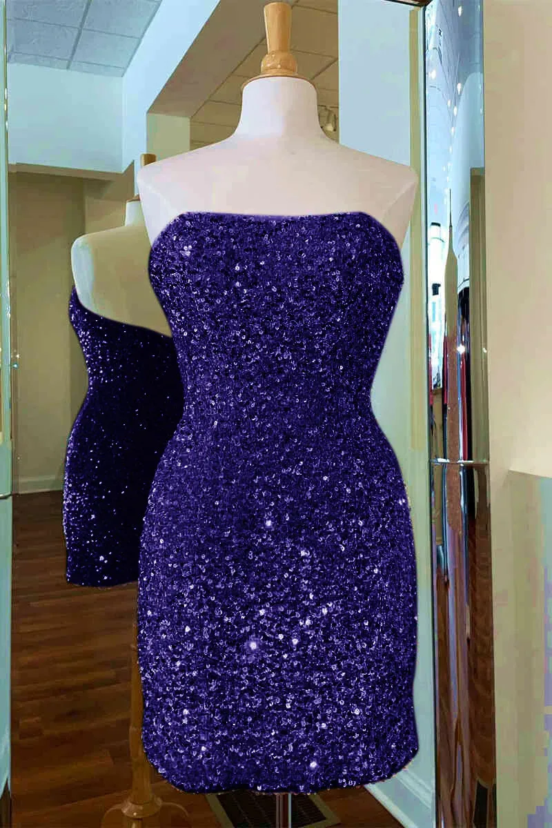 Fitted Strapless Black Sequined Mini Homecoming Dress