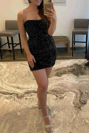 Fitted Strapless Black Sequined Mini Homecoming Dress
