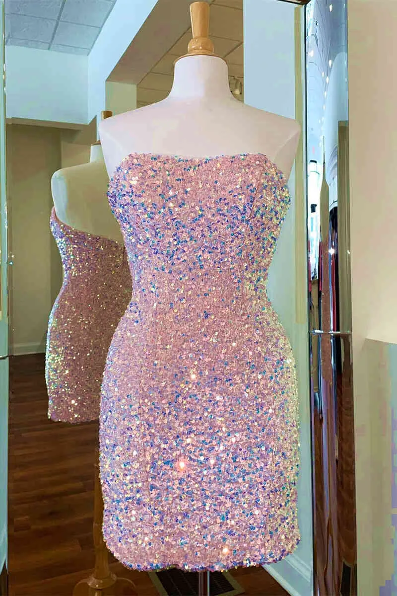 Fitted Strapless Black Sequined Mini Homecoming Dress