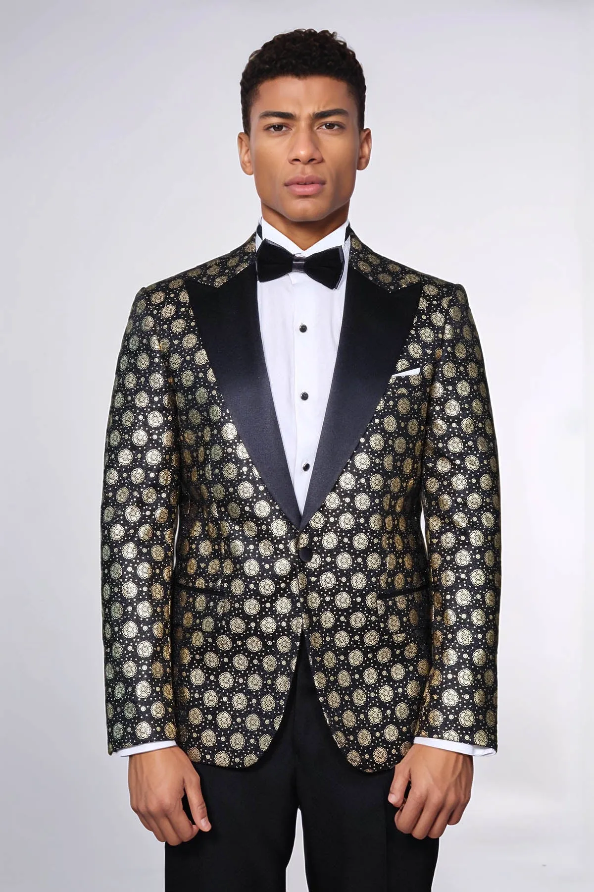 Floral Patterned Peak Lapel Black Men Prom Blazer - Wessi