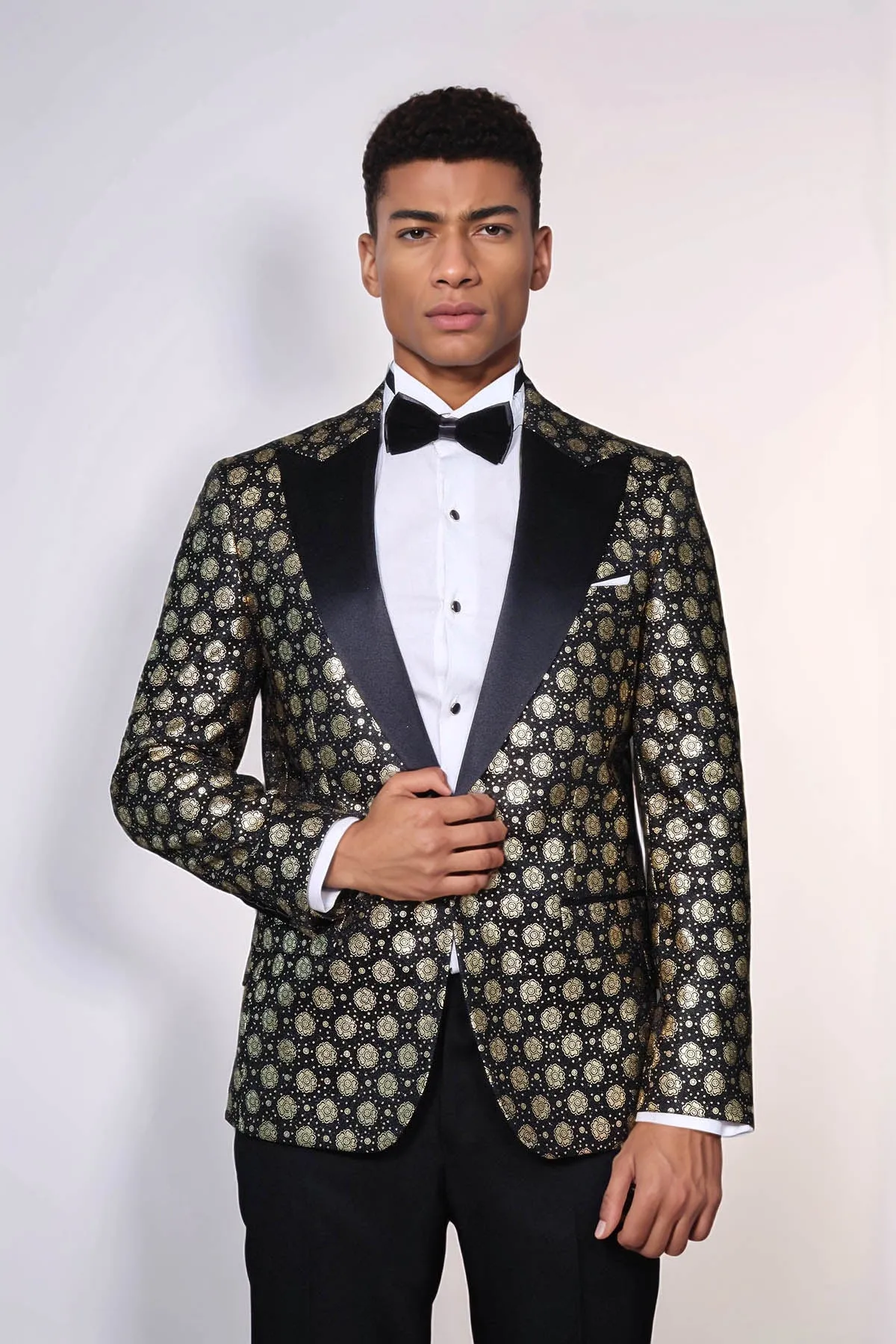Floral Patterned Peak Lapel Black Men Prom Blazer - Wessi