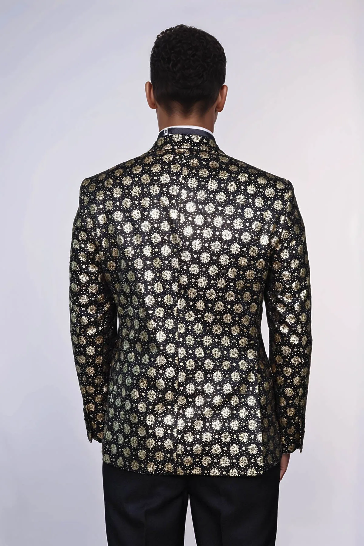 Floral Patterned Peak Lapel Black Men Prom Blazer - Wessi