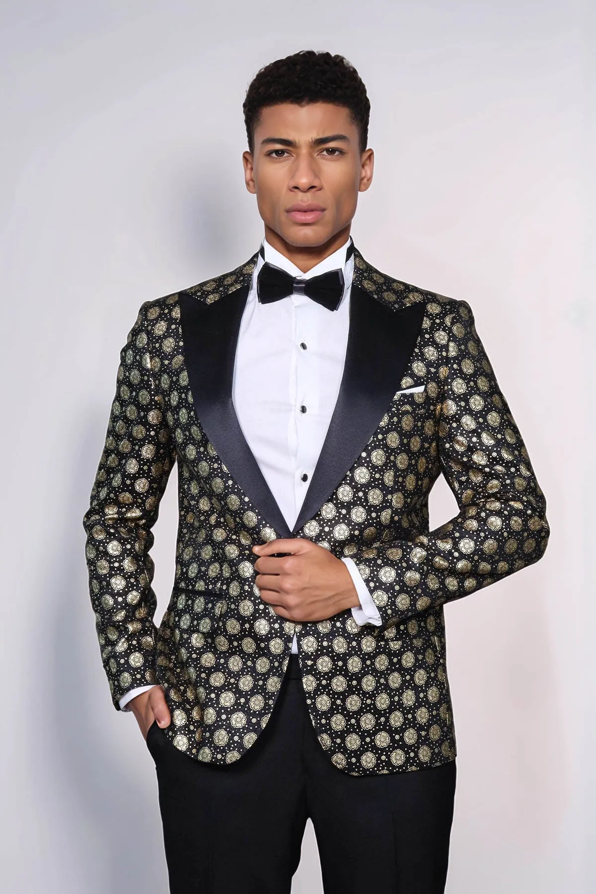 Floral Patterned Peak Lapel Black Men Prom Blazer - Wessi
