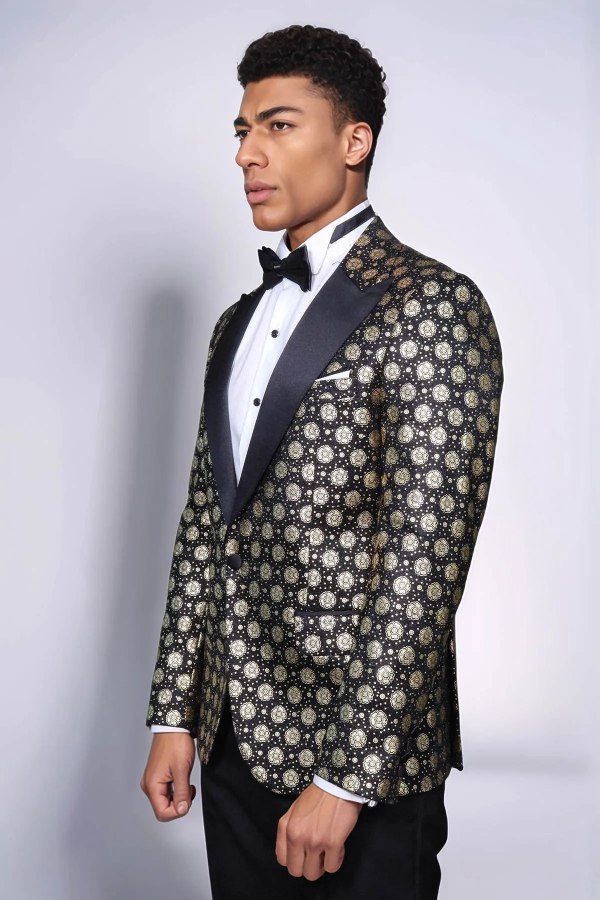 Floral Patterned Peak Lapel Black Men Prom Blazer - Wessi