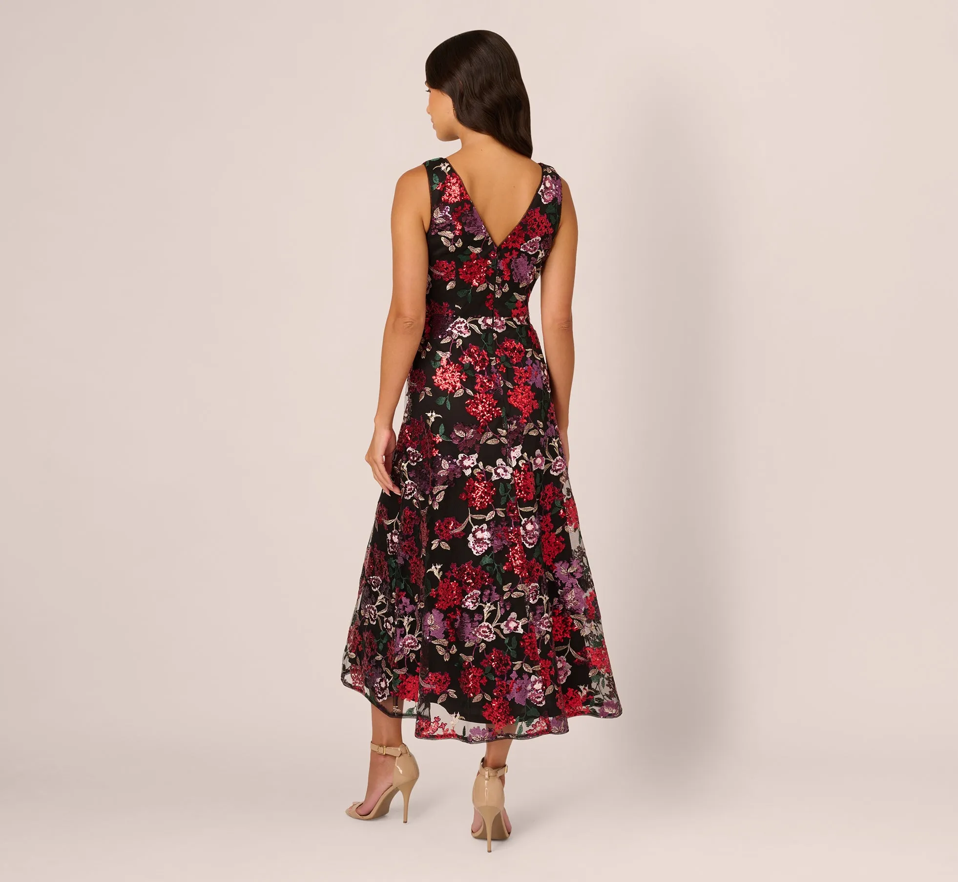 Floral Sequin Ankle Dress In Black Multi