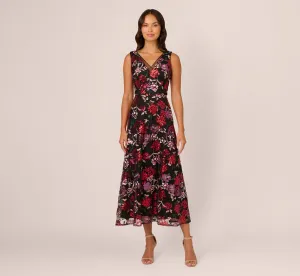 Floral Sequin Ankle Dress In Black Multi
