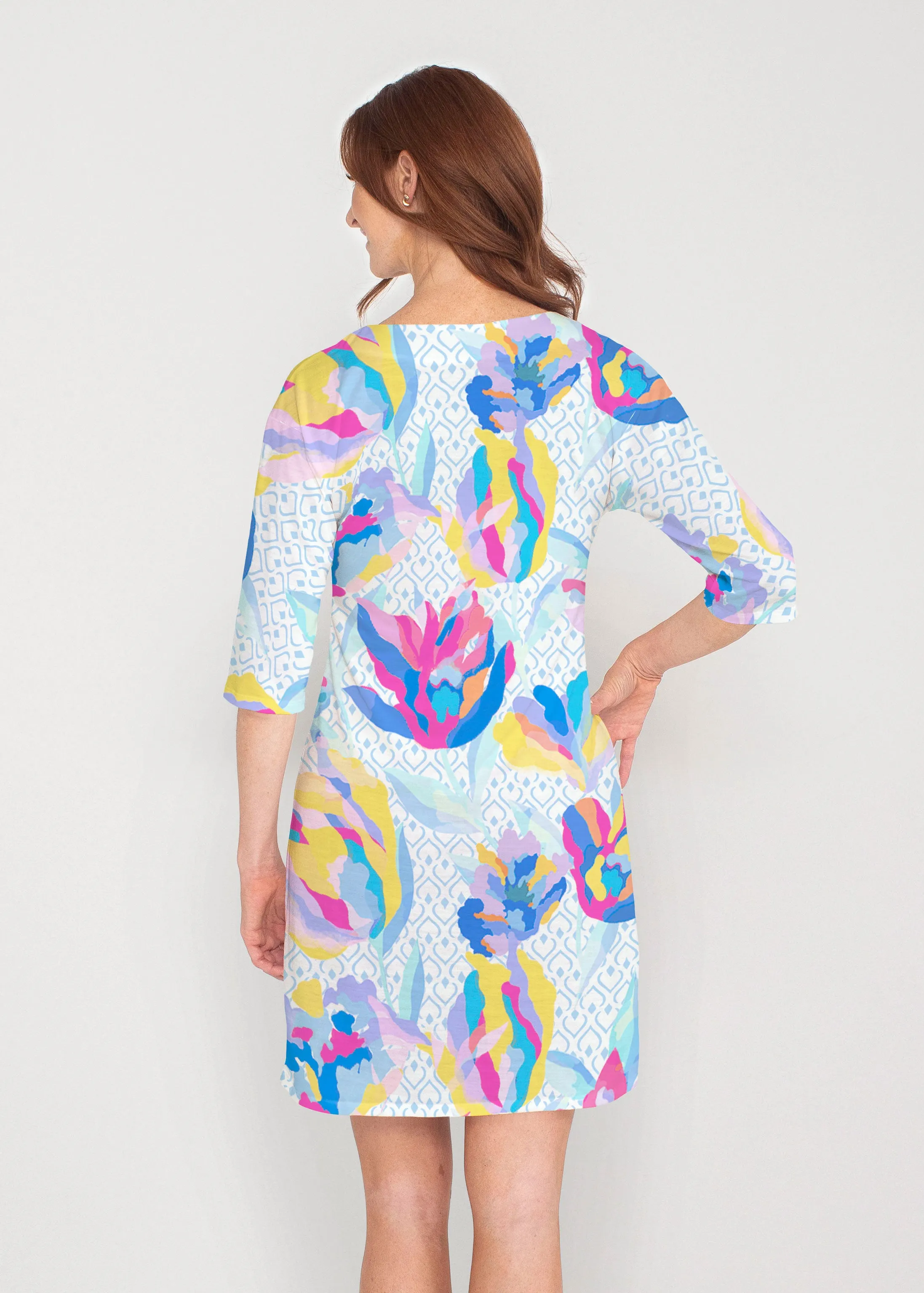 Floral Spades (8048) ~ Drop Shoulder 3/4 Sleeve V-Neck Dress