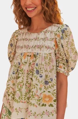 Folk Floral Off-White Scoop Neck Short Sleeve Blouse