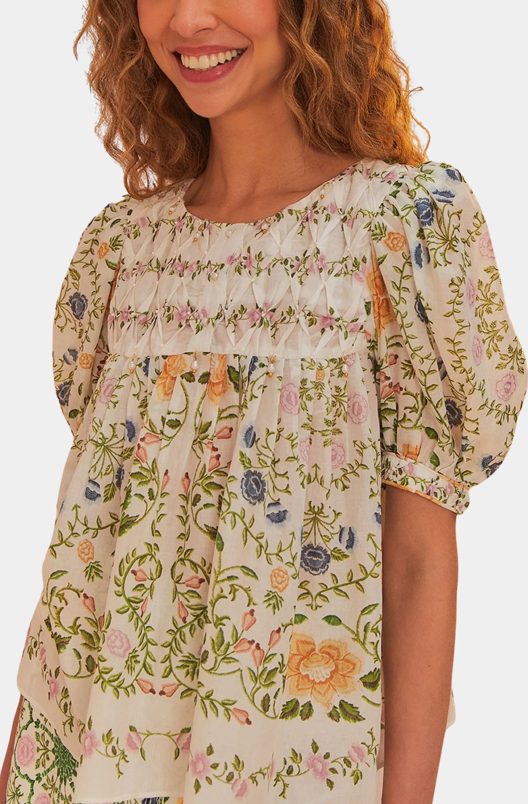 Folk Floral Off-White Scoop Neck Short Sleeve Blouse