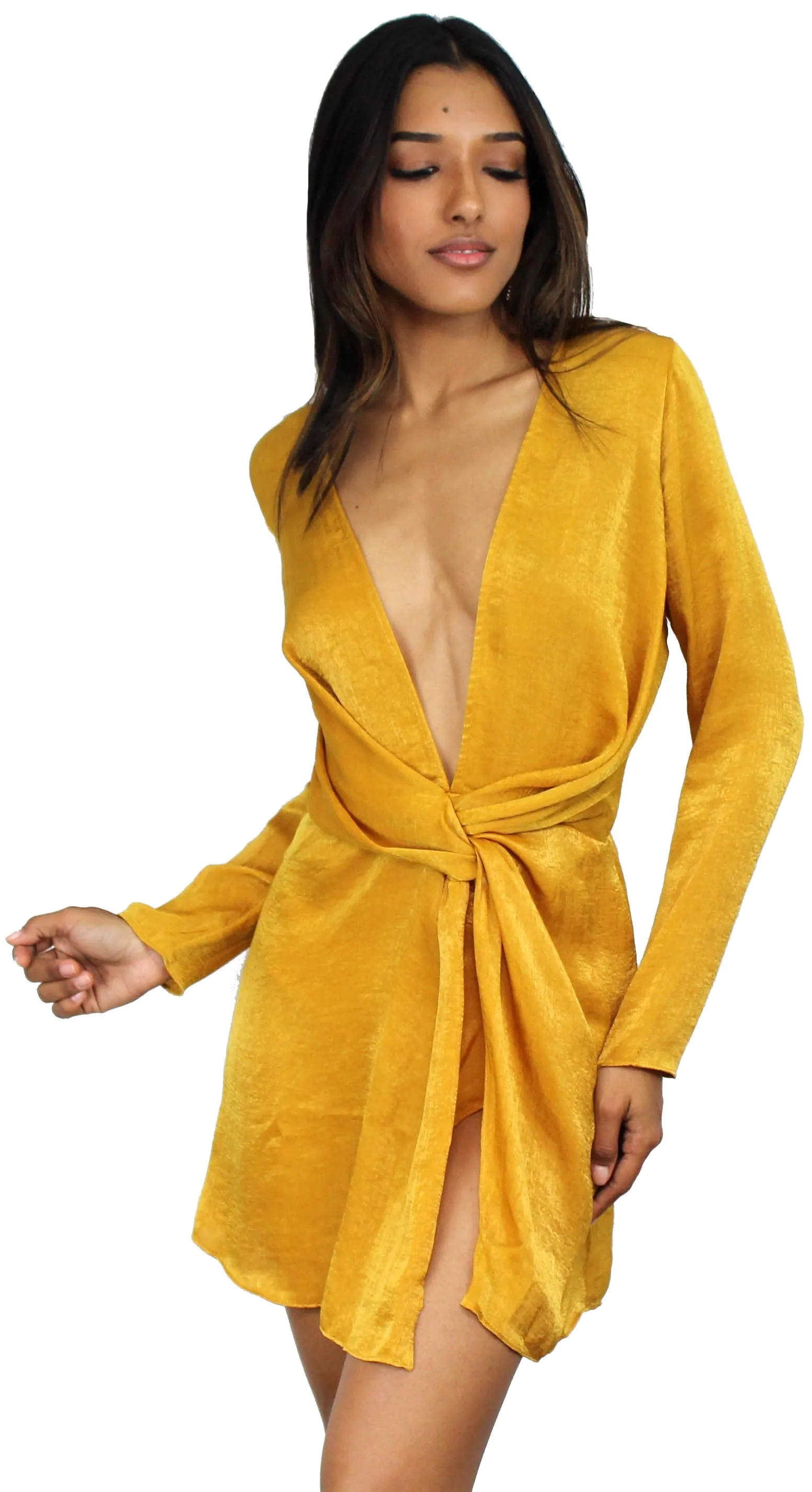 Get Kylie's Look with Mustard Satin Dress