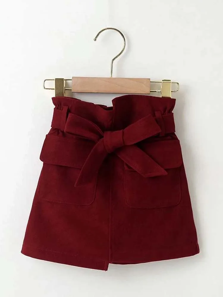 Girls Burgundy Bow Pocket Skirt - 2-6 Years