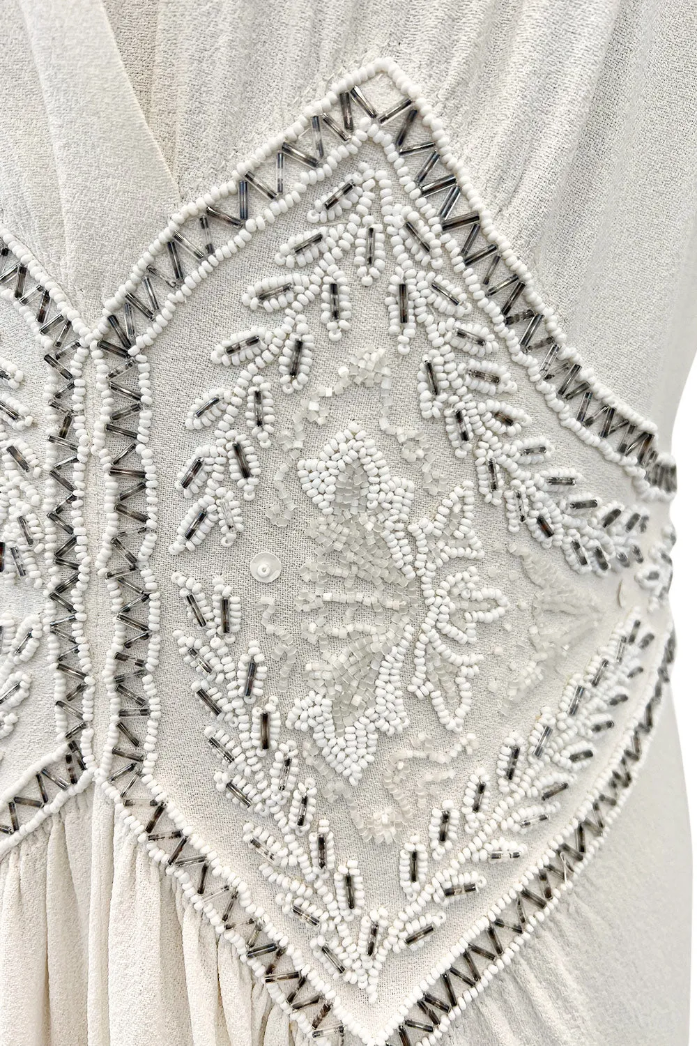Gorgeous 1930s Off White Moss Crepe Dress w Hand Beaded 'Belt' Detailing