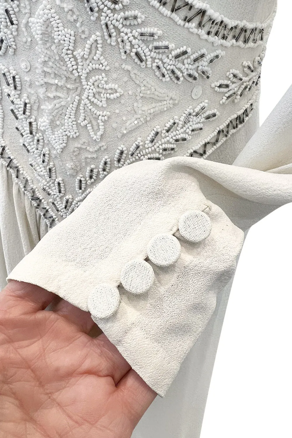 Gorgeous 1930s Off White Moss Crepe Dress w Hand Beaded 'Belt' Detailing