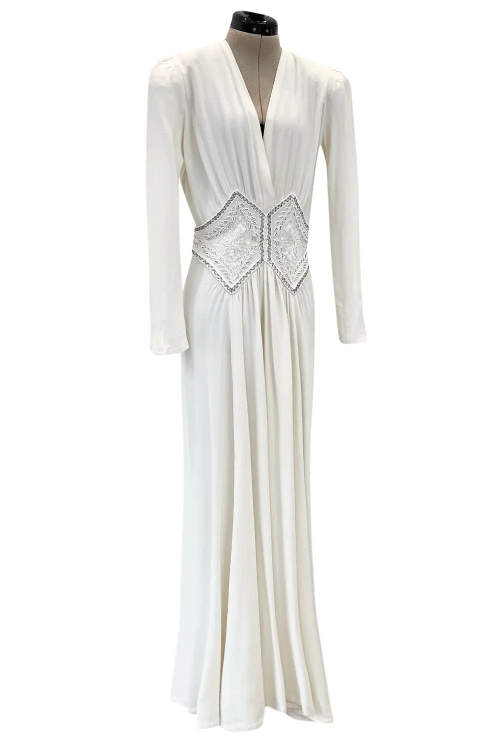 Gorgeous 1930s Off White Moss Crepe Dress w Hand Beaded 'Belt' Detailing