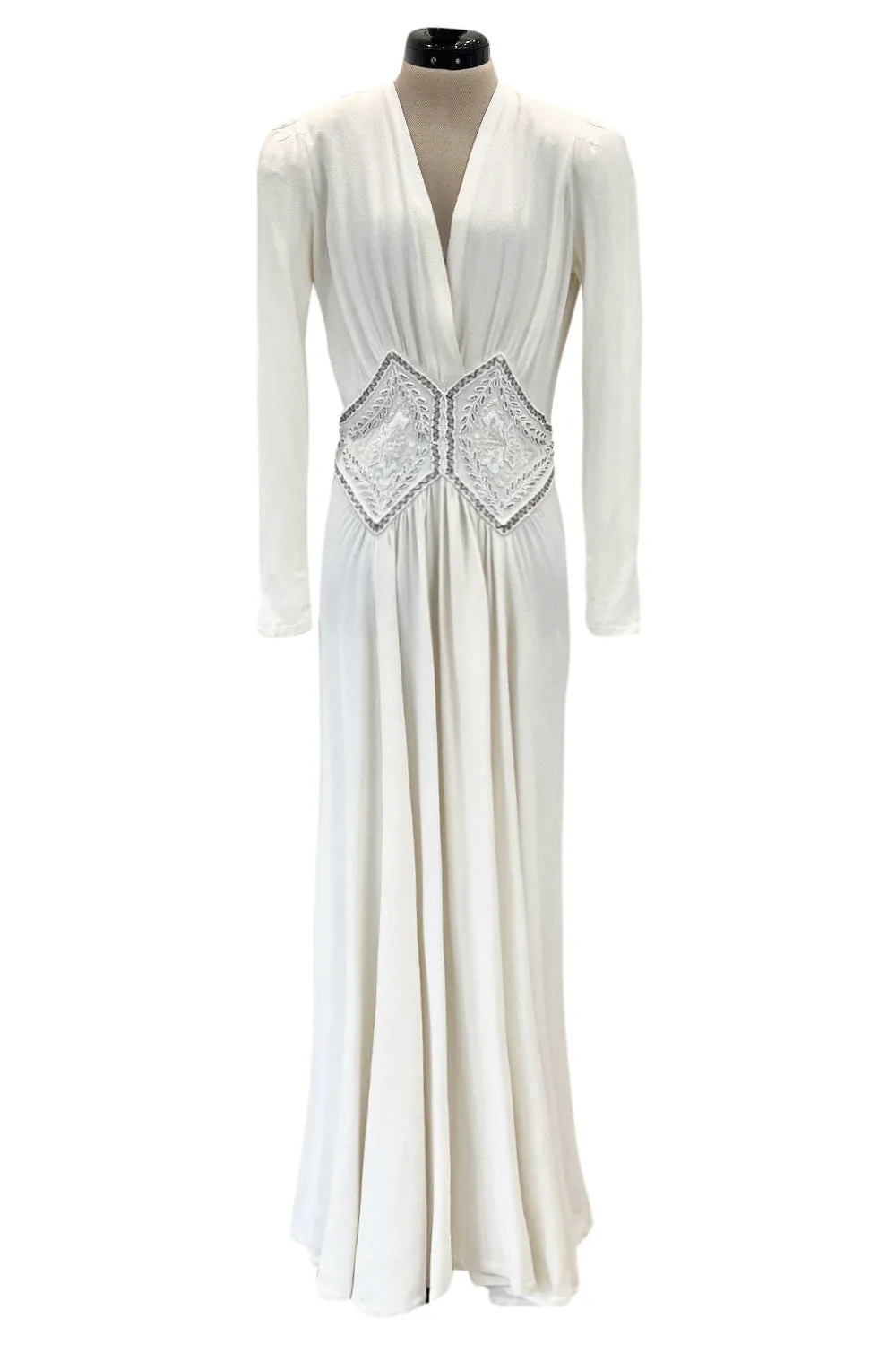 Gorgeous 1930s Off White Moss Crepe Dress w Hand Beaded 'Belt' Detailing