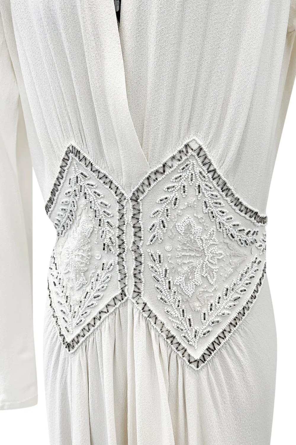 Gorgeous 1930s Off White Moss Crepe Dress w Hand Beaded 'Belt' Detailing