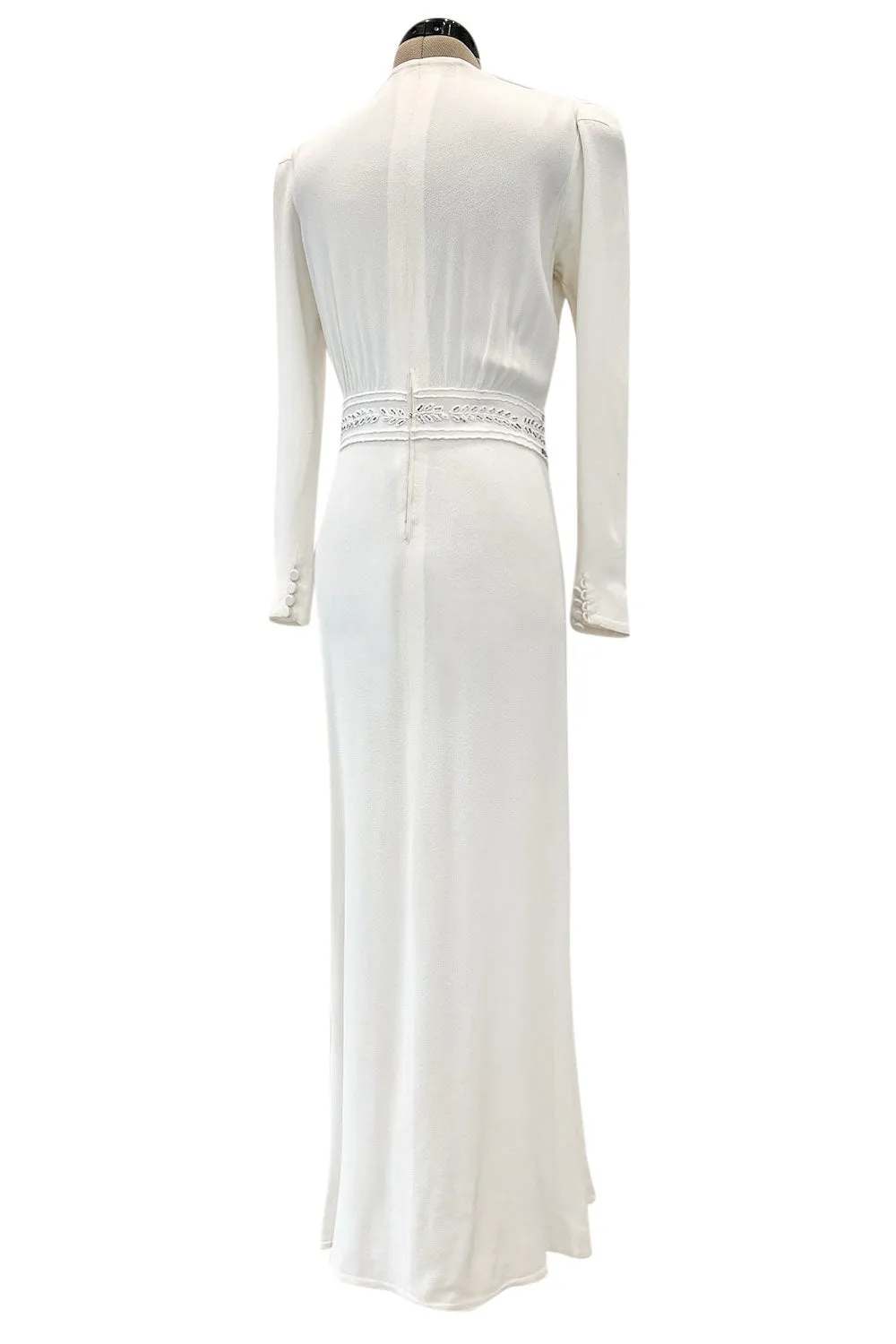 Gorgeous 1930s Off White Moss Crepe Dress w Hand Beaded 'Belt' Detailing