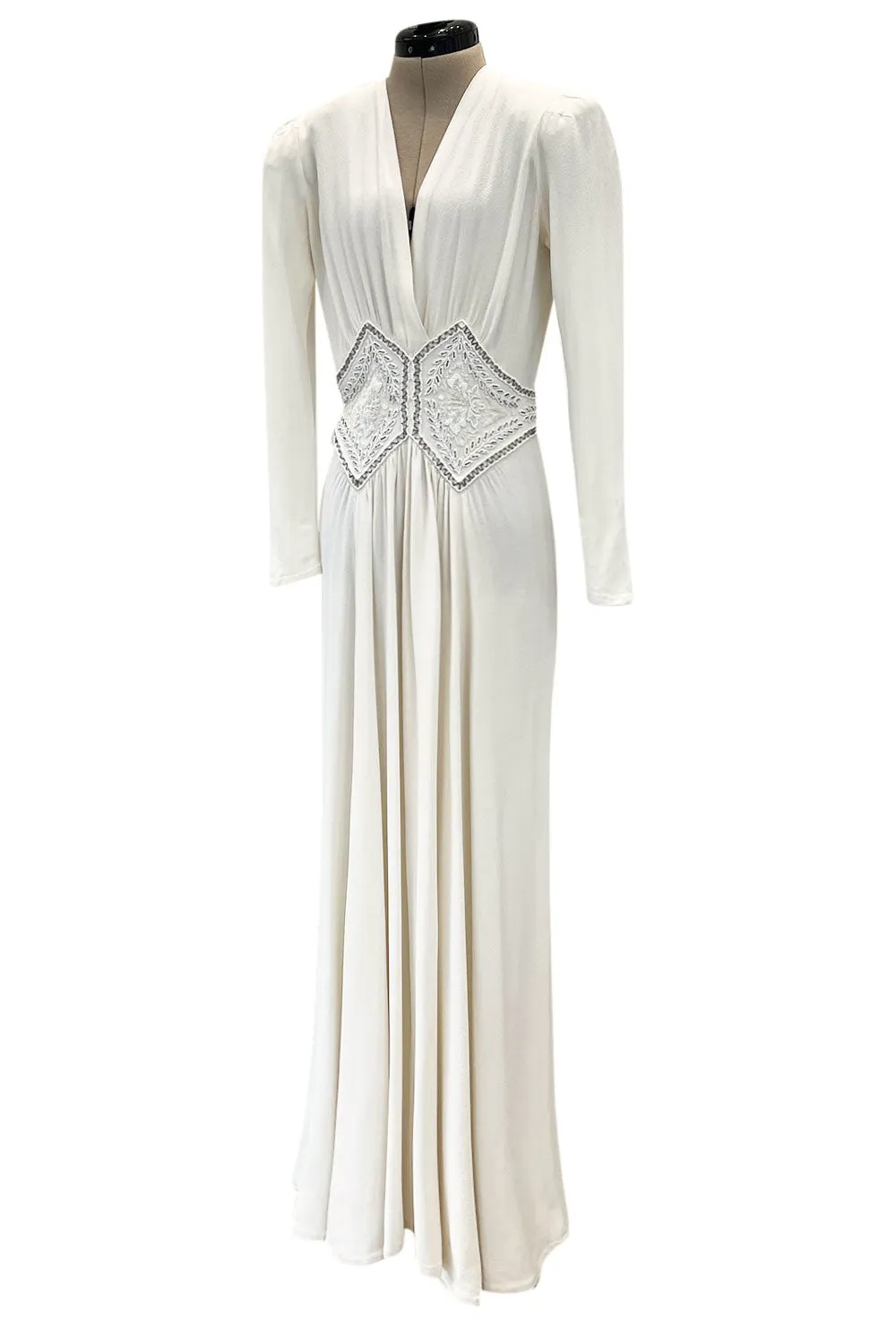 Gorgeous 1930s Off White Moss Crepe Dress w Hand Beaded 'Belt' Detailing