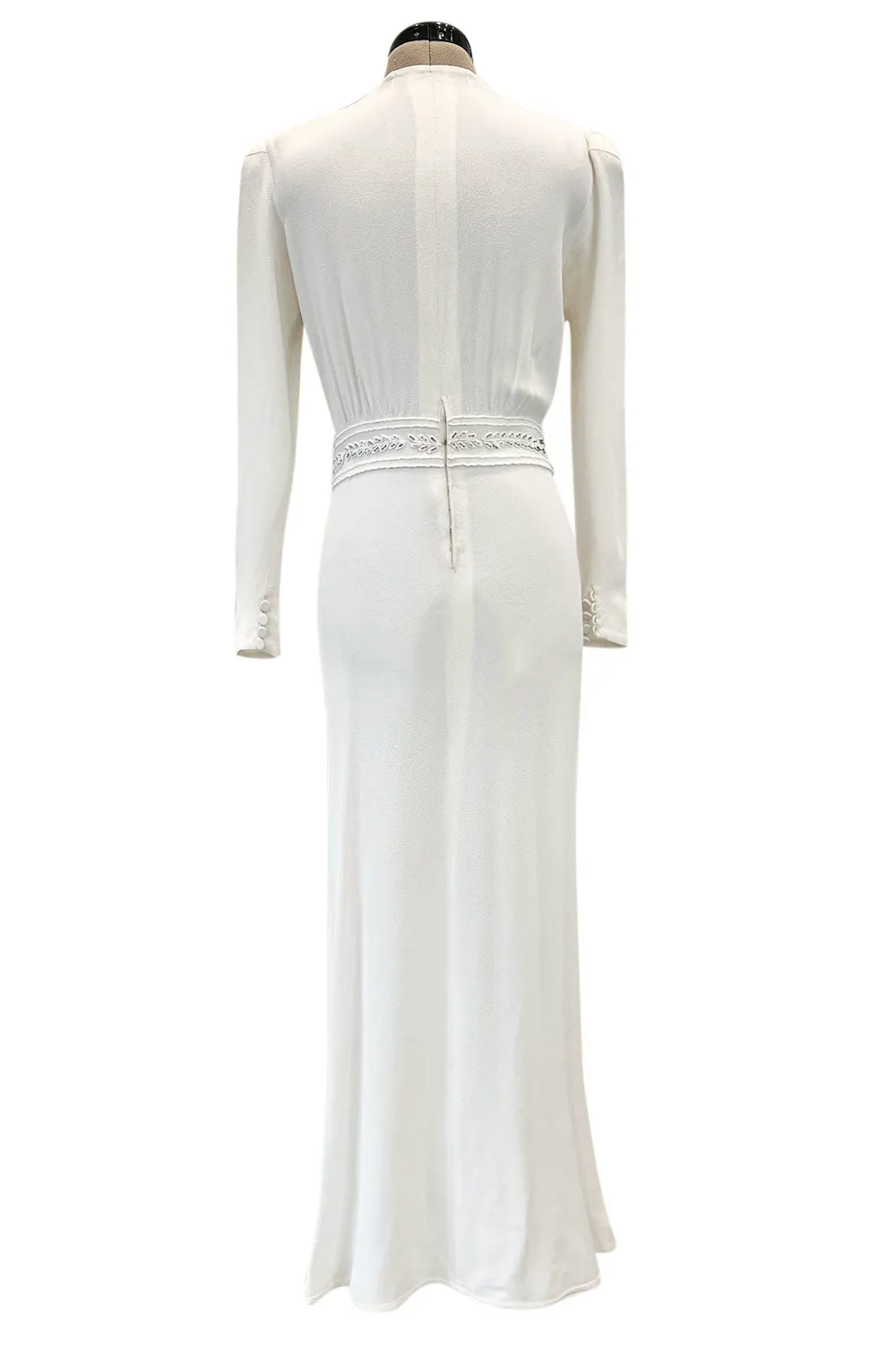 Gorgeous 1930s Off White Moss Crepe Dress w Hand Beaded 'Belt' Detailing