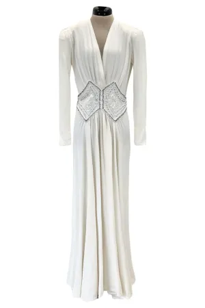 Gorgeous 1930s Off White Moss Crepe Dress w Hand Beaded 'Belt' Detailing