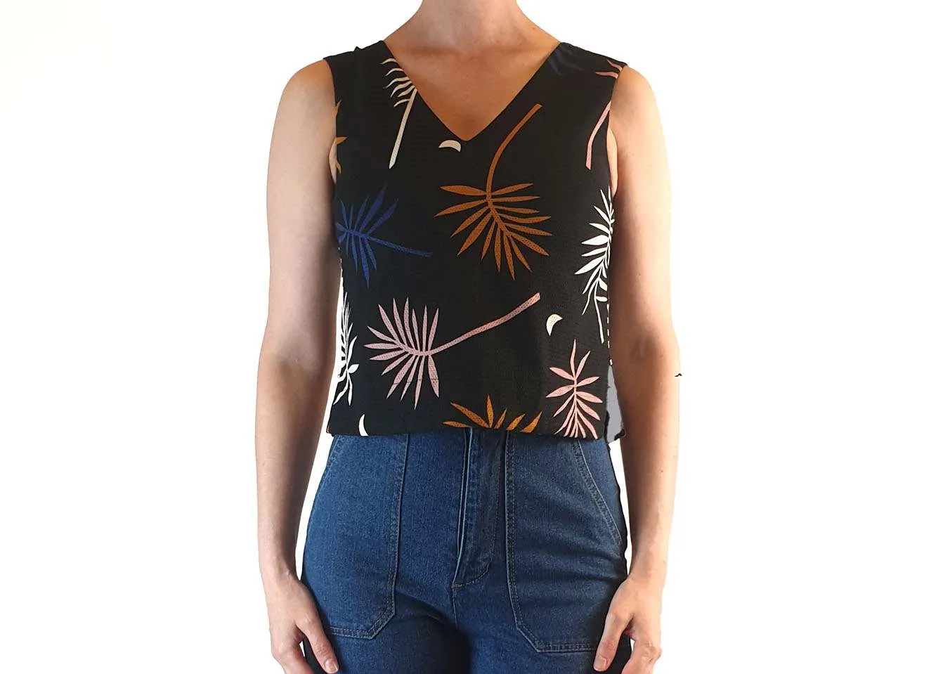 Gorman x Muirela Ruiz cropped black sleeveless top with fern print size 6