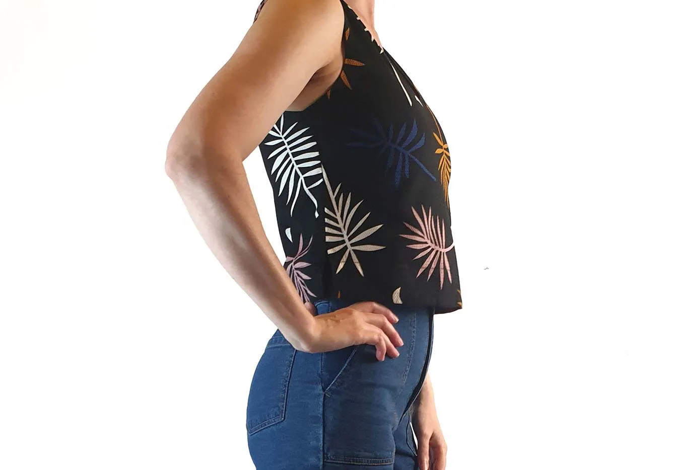 Gorman x Muirela Ruiz cropped black sleeveless top with fern print size 6