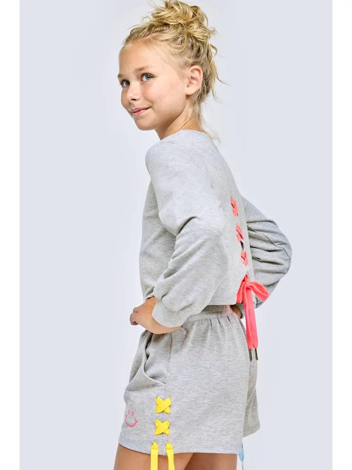 Gray Sweatshorts w/Pink Smiley Studs & Side Drawstrings