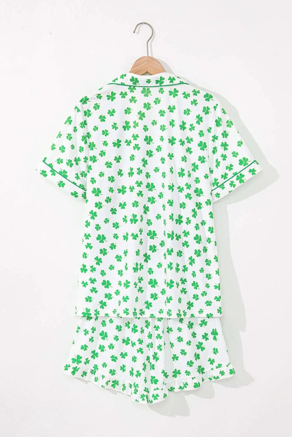 Green Clover Printed Short Sleeve and Ruffled Shorts Pajama Set