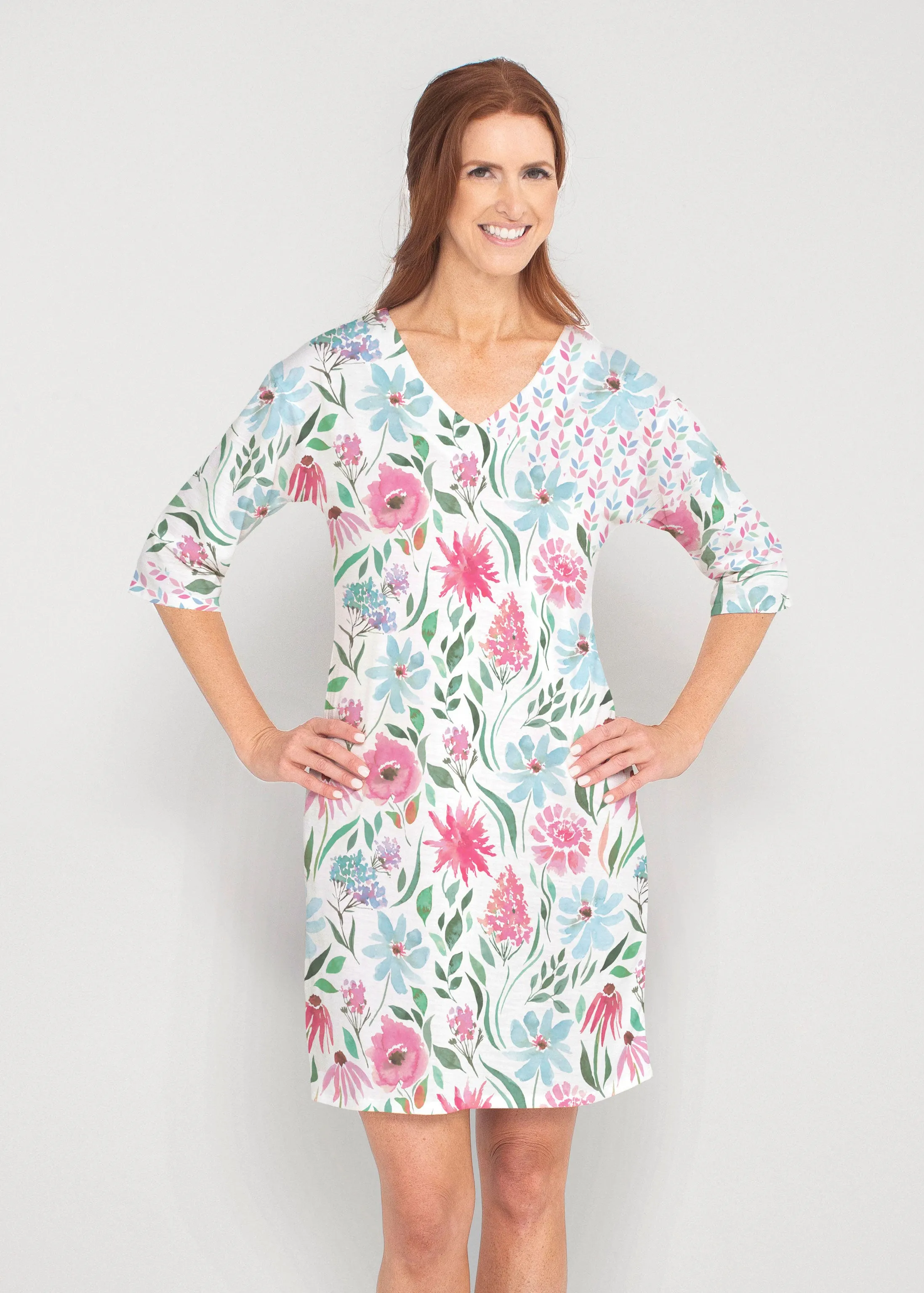 Hello Dolly (8038) ~ Drop Shoulder 3/4 Sleeve V-Neck Dress