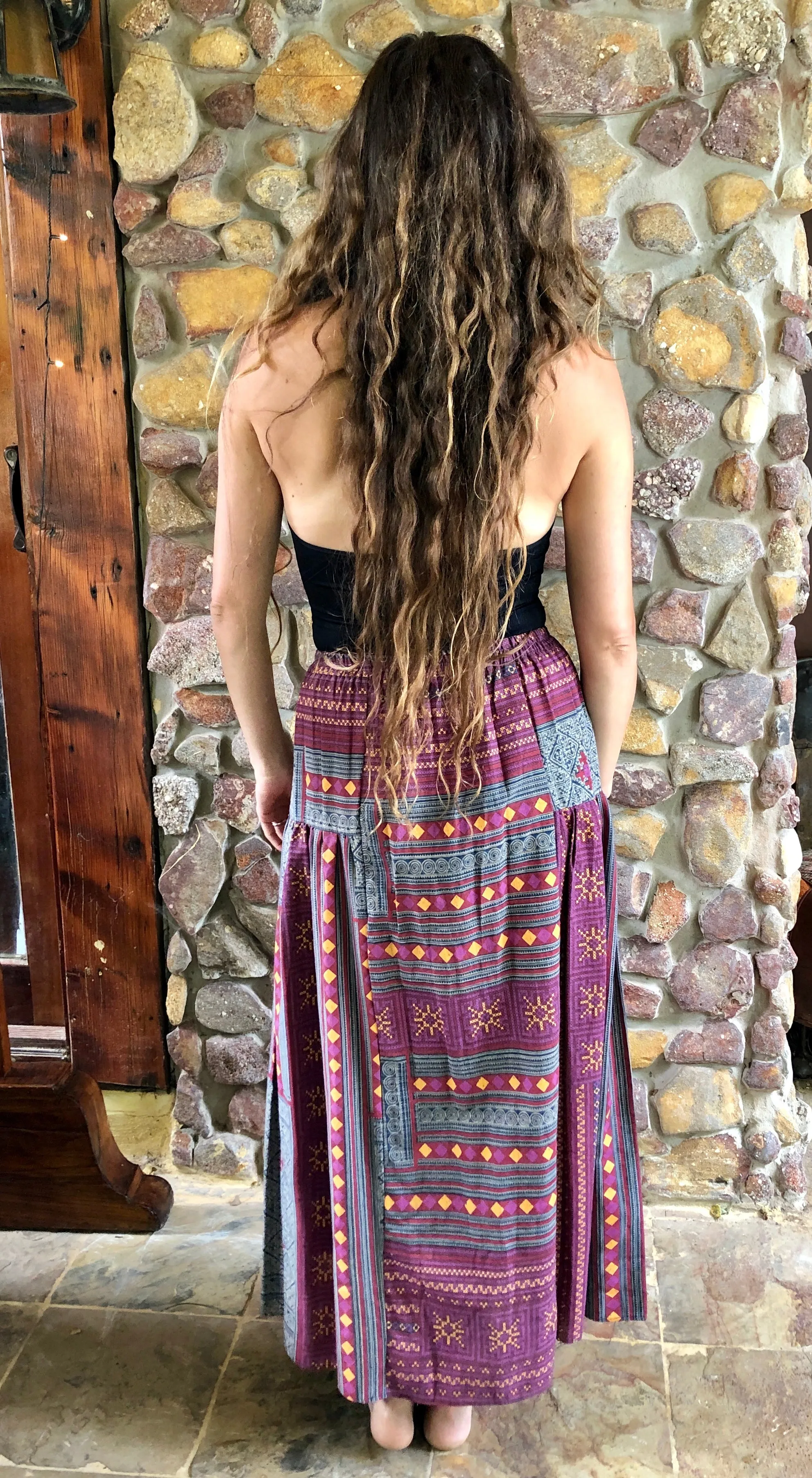 Hill-tribe Long Skirt - Pink and Blue