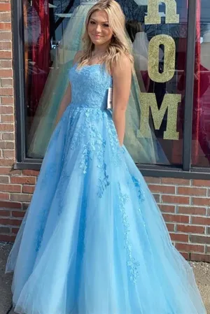 Hot 2024 Blue Prom Dresses Cheap Lace Long Evening Gowns