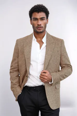 Houndstooth Pattern Wool Light Brown Men Blazer - Wessi