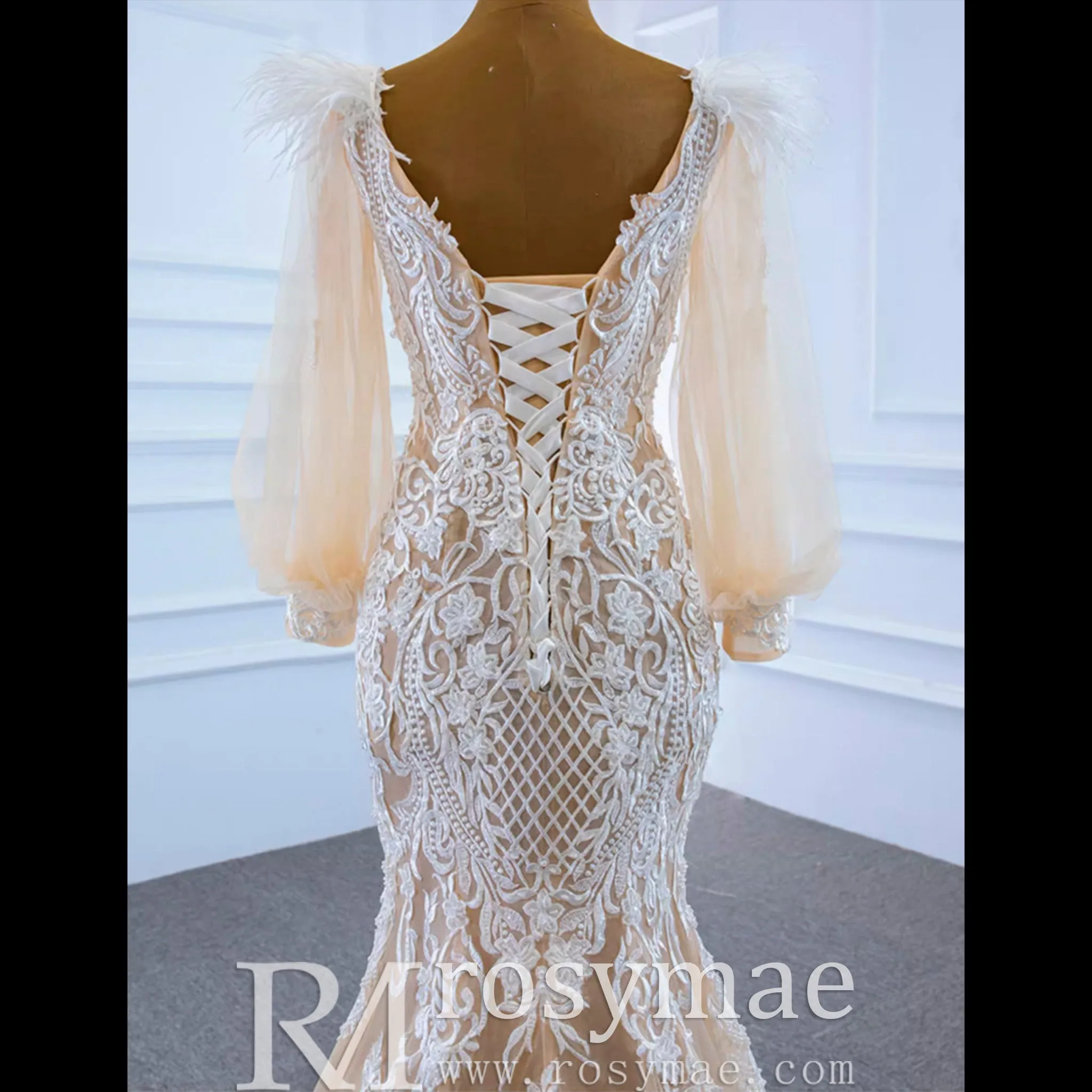Illustion Neck Puffy Sleeved Mermaid Wedding Dress With Feather