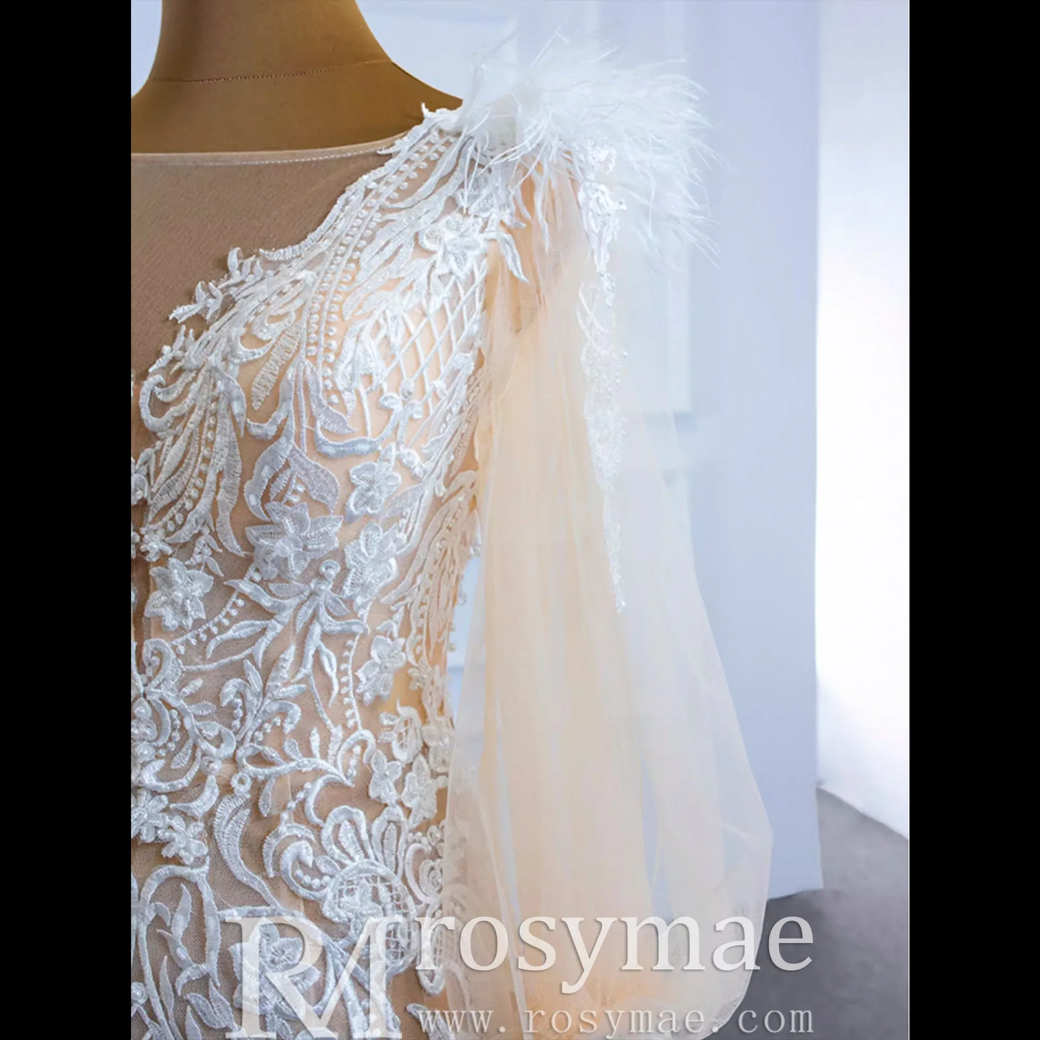 Illustion Neck Puffy Sleeved Mermaid Wedding Dress With Feather